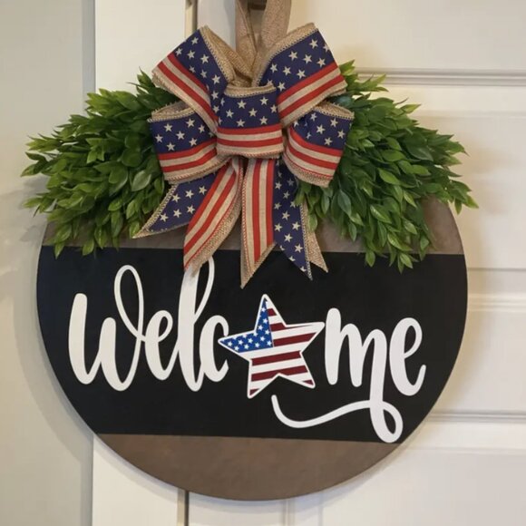 Welcome Patriotic Flag Front Door Hanging Sign Fourth of July Decor Wreath Gift - Picture 4 of 7